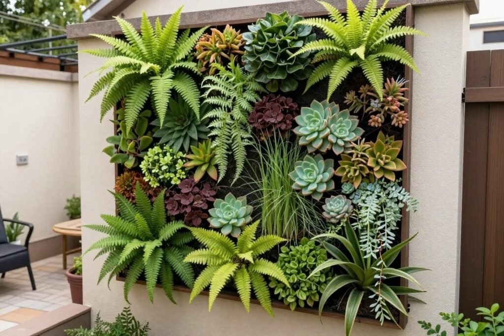 Vertical garden with various plants growing on a wall-mounted system in a small backyard