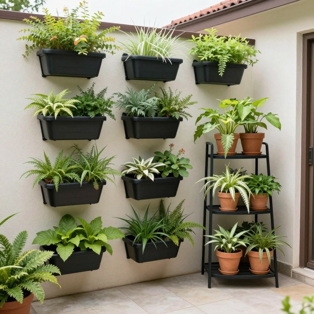 Vertical gardening with wall planters and hanging plants