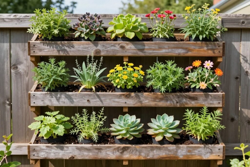 Vertical pallet garden mounted on fence with various herbs and flowers