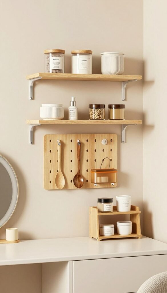 Vertical vanity organization using wall shelves, pegboard, and tiered organizers