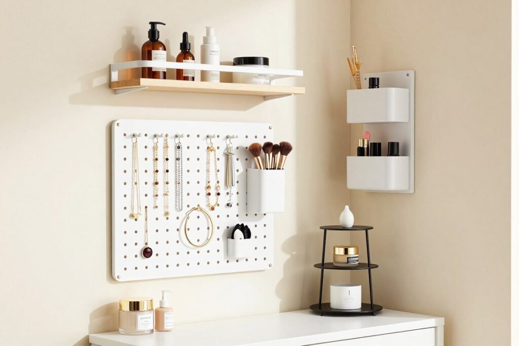 Vertical vanity storage solutions including wall shelves, pegboards, and hanging organizers