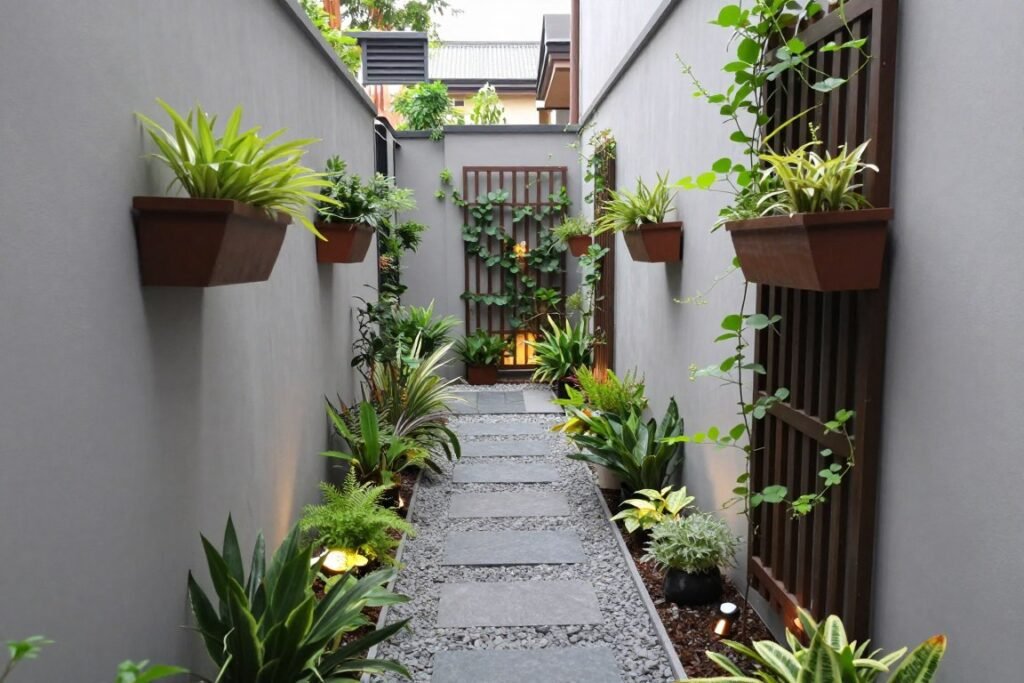 Very narrow side yard with slim pathway and vertical plantings Very narrow side yard with slim pathway and vertical plantings