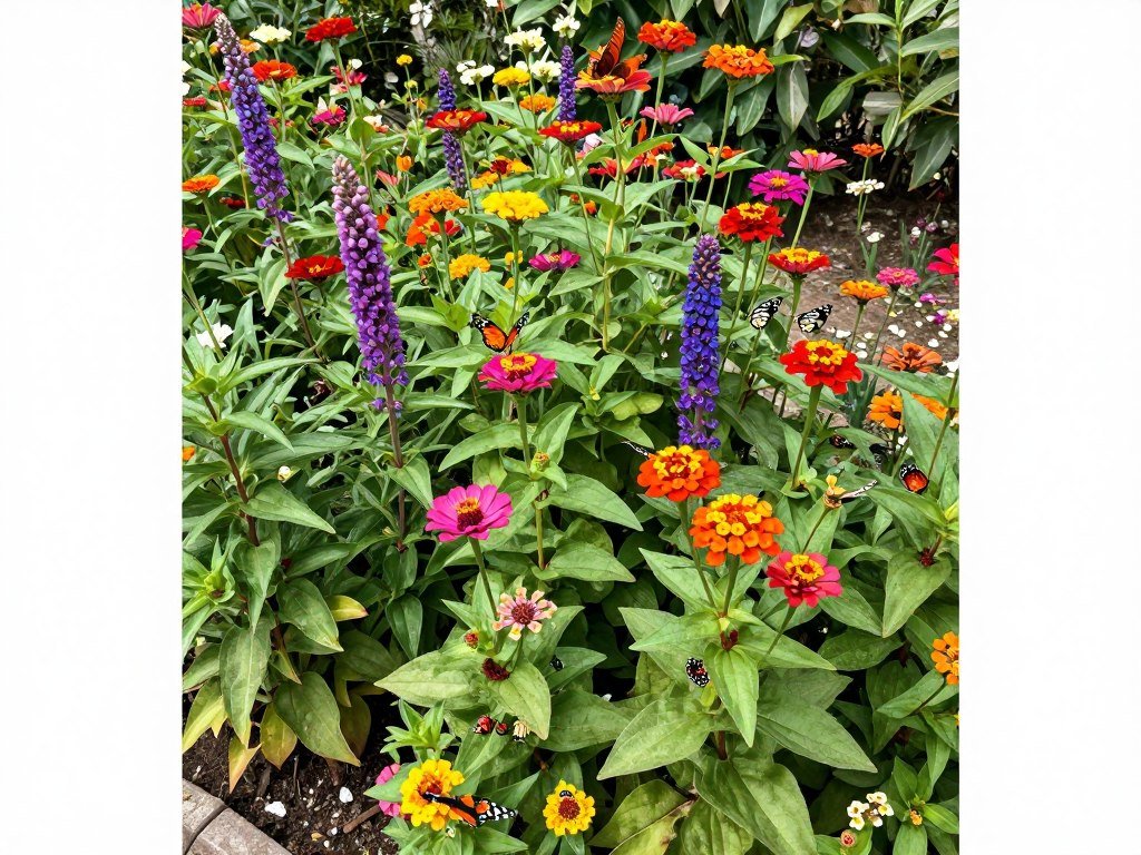 Vibrant corner garden filled with nectar-rich flowers attracting numerous butterflies and other pollinators