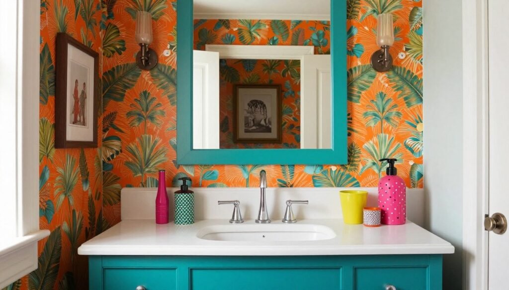 Vibrant vanity room with bold color choices, playful patterns, and personality-filled details