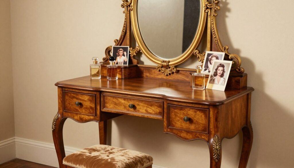 Vintage Hollywood vanity inspo with ornate mirror and classic styling