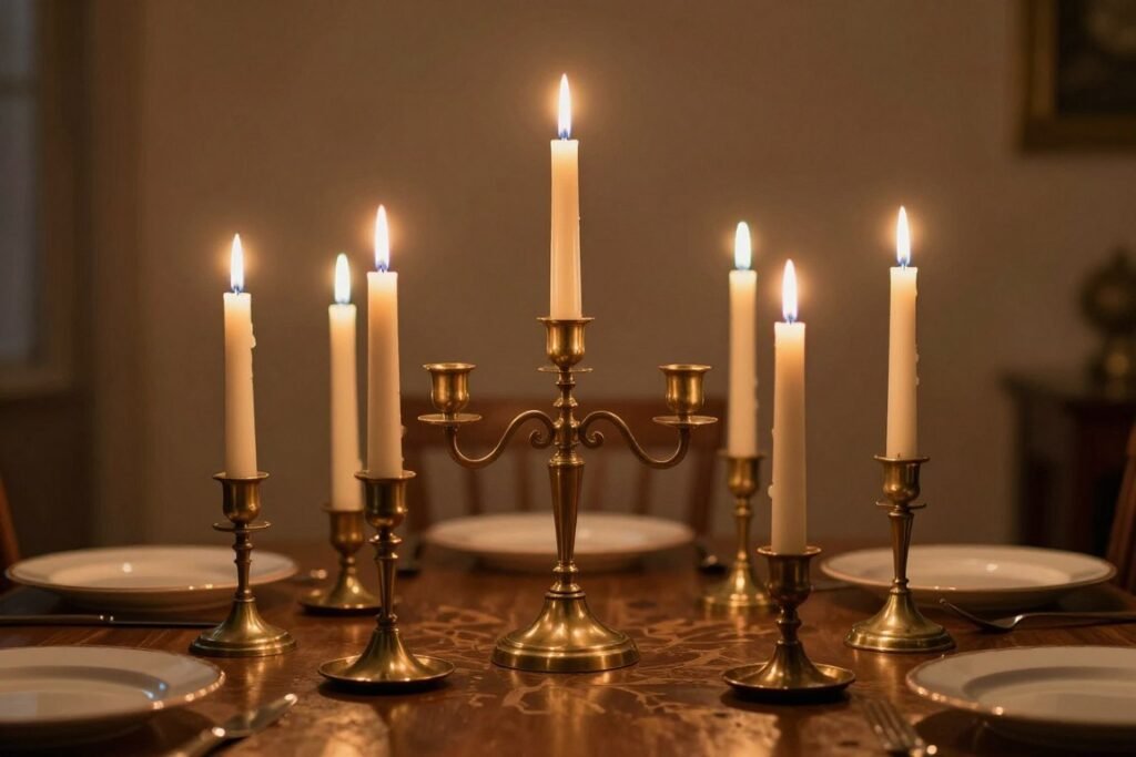 Vintage brass candlesticks with lit tapers on a dining table
