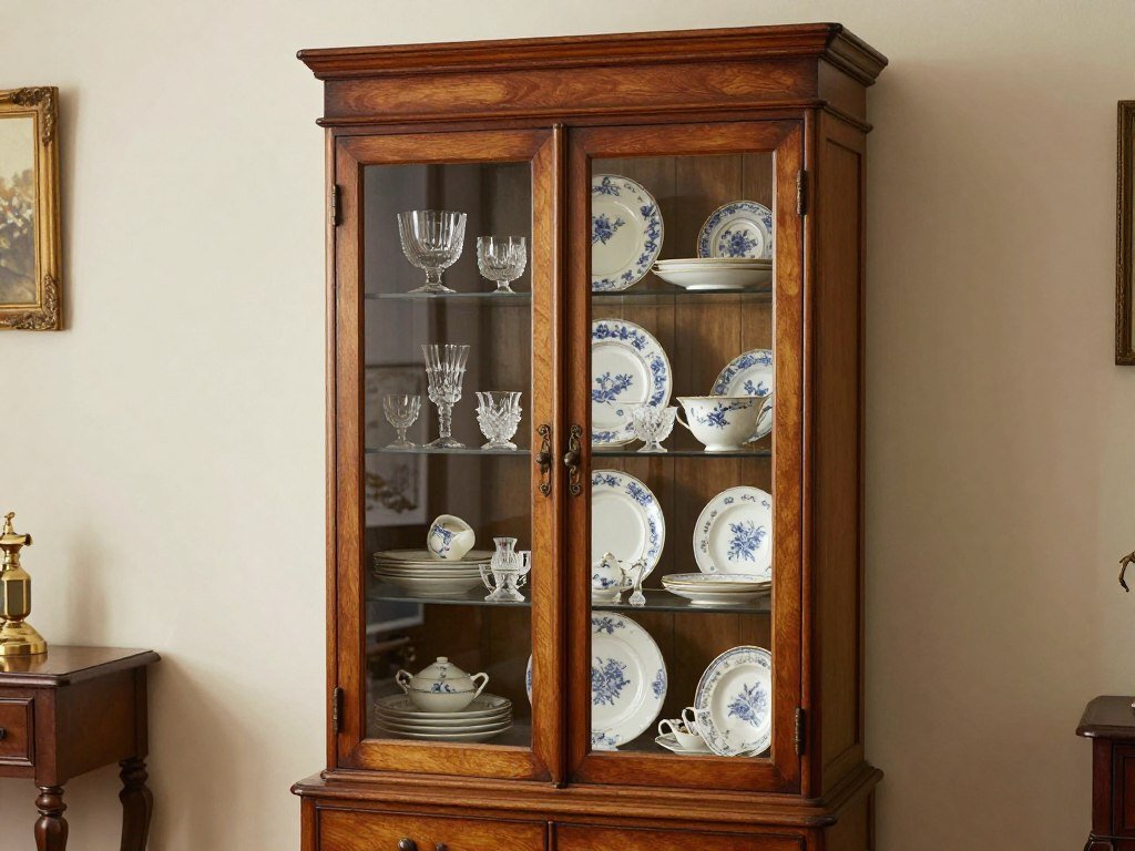Vintage china cabinet displaying collection of antique dishware