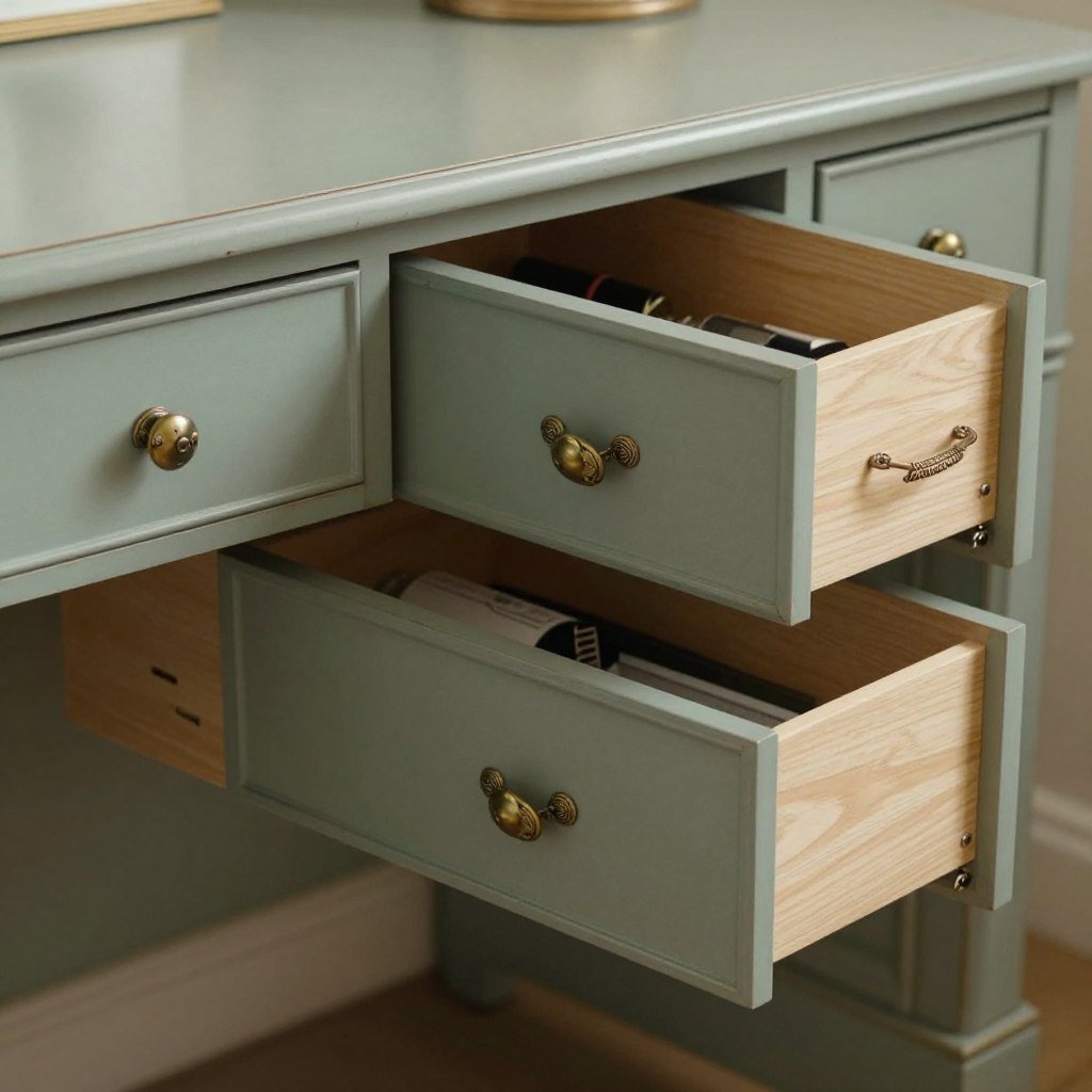 Vintage desk transformed into an elegant vanity with new hardware and mirror