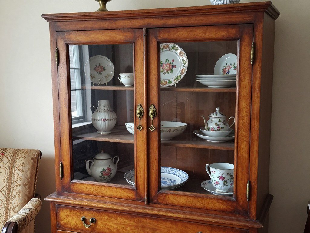 Vintage dining room hutch with patina and original hardware displaying antique china collection Vintage dining room hutch with patina and original hardware displaying antique china collection