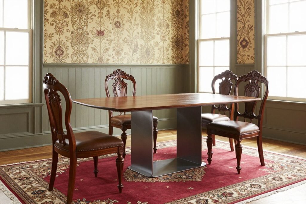 Vintage dining room showing mix of eras with Victorian chairs and mid-century table
