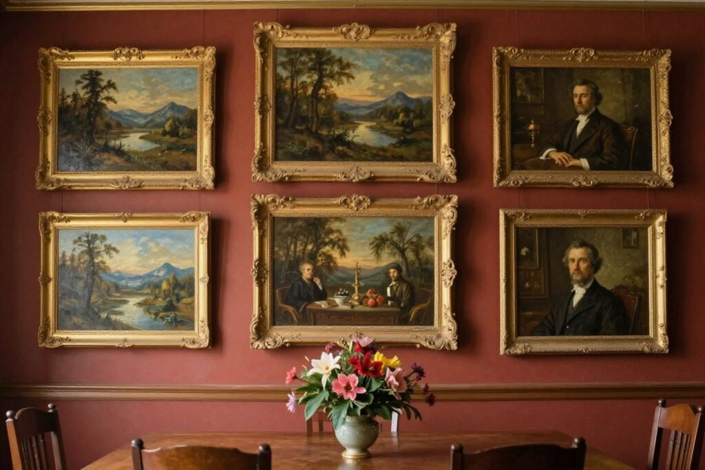 Vintage dining room with gallery wall of antique oil paintings