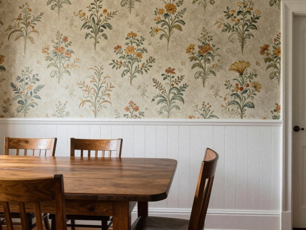 Vintage dining room with wainscoting and floral wallpaper above