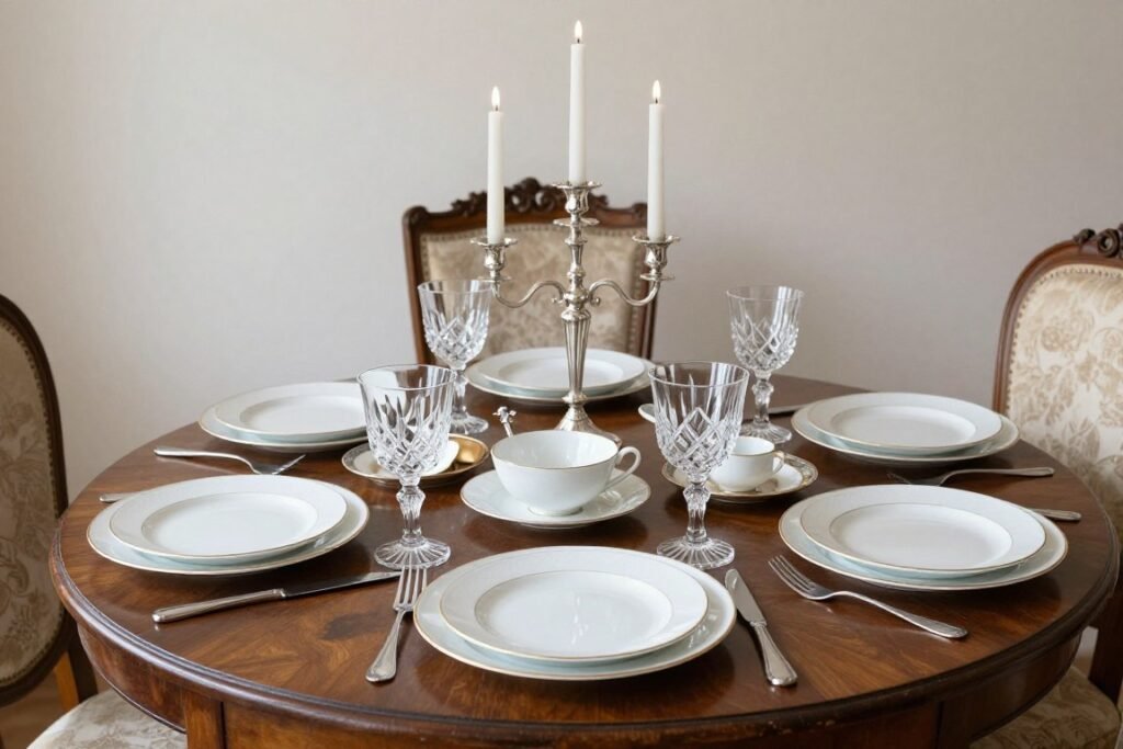 Vintage dining table set with mix of authentic and reproduction pieces