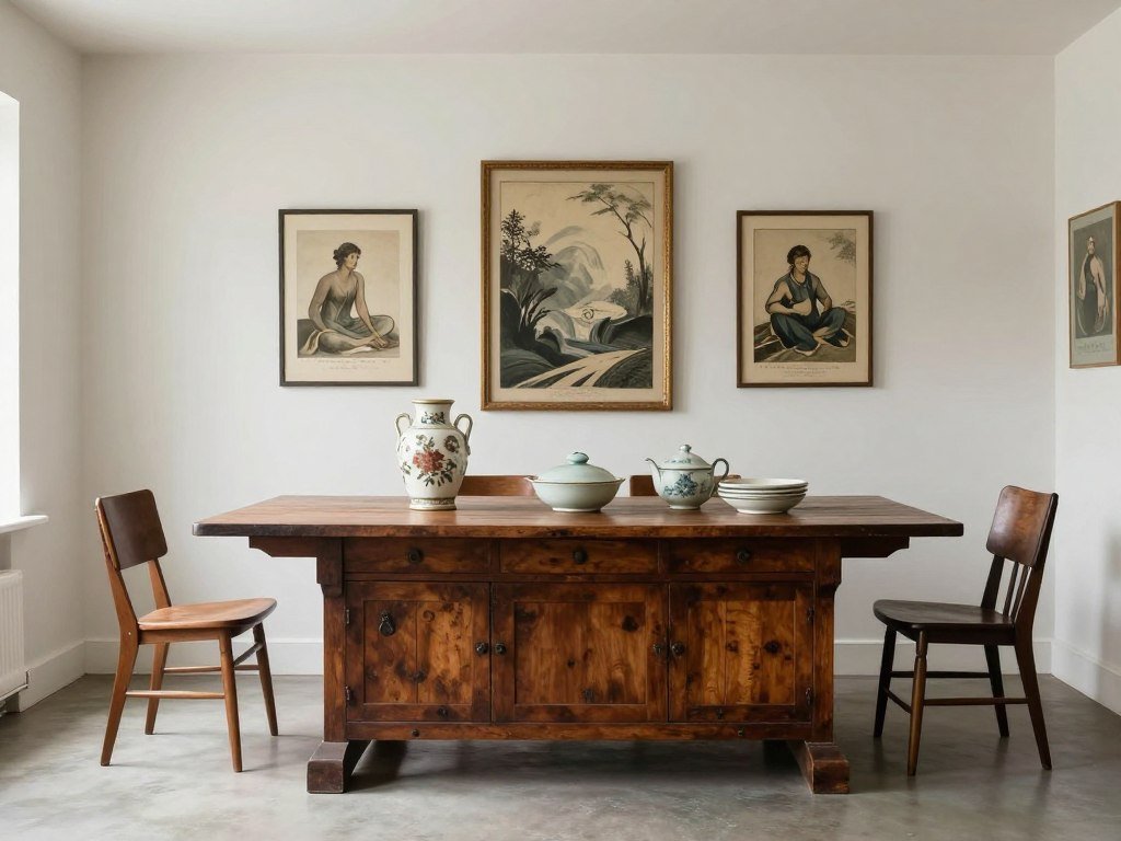 Vintage elements in a modern farmhouse dining room including antique decor pieces Vintage elements in a modern farmhouse dining room including antique decor pieces