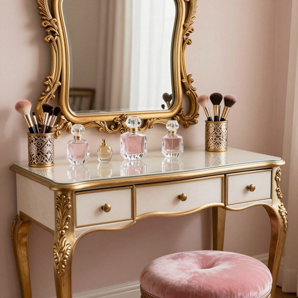 Vintage glamour vanity with ornate mirror and crystal accessories