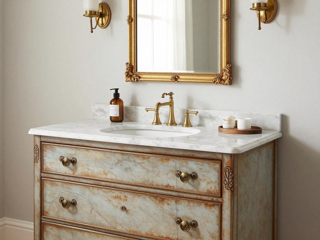 Vintage-inspired bathroom vanity repurposed from antique furniture with marble top
