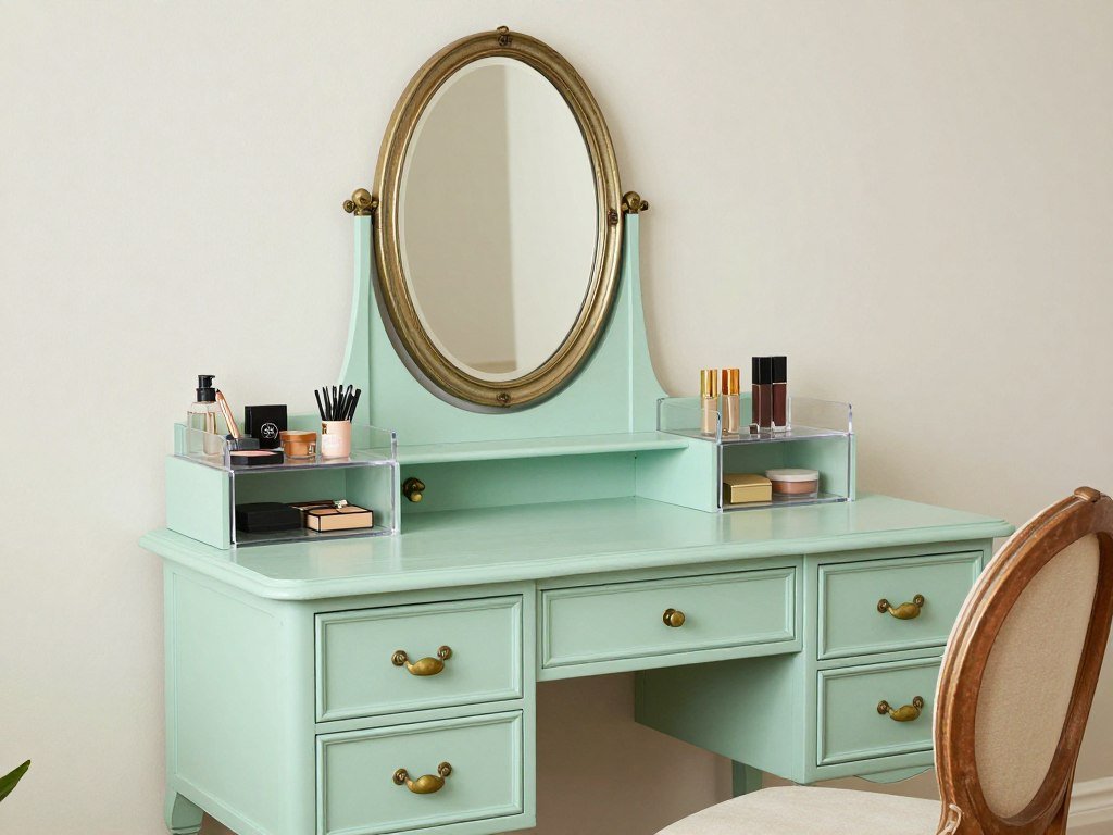 Vintage-inspired makeup vanity with modern elements and antique mirror Vintage-inspired makeup vanity with modern elements and antique mirror