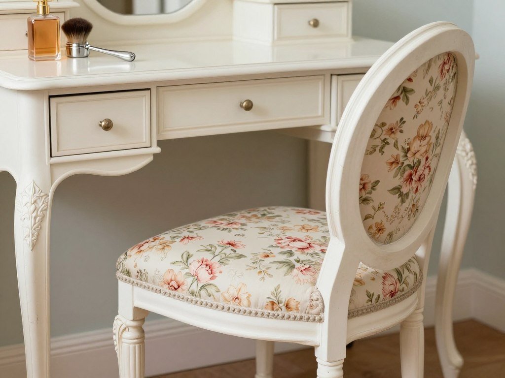 Vintage-inspired vanity chair with curved wooden legs and floral upholstery