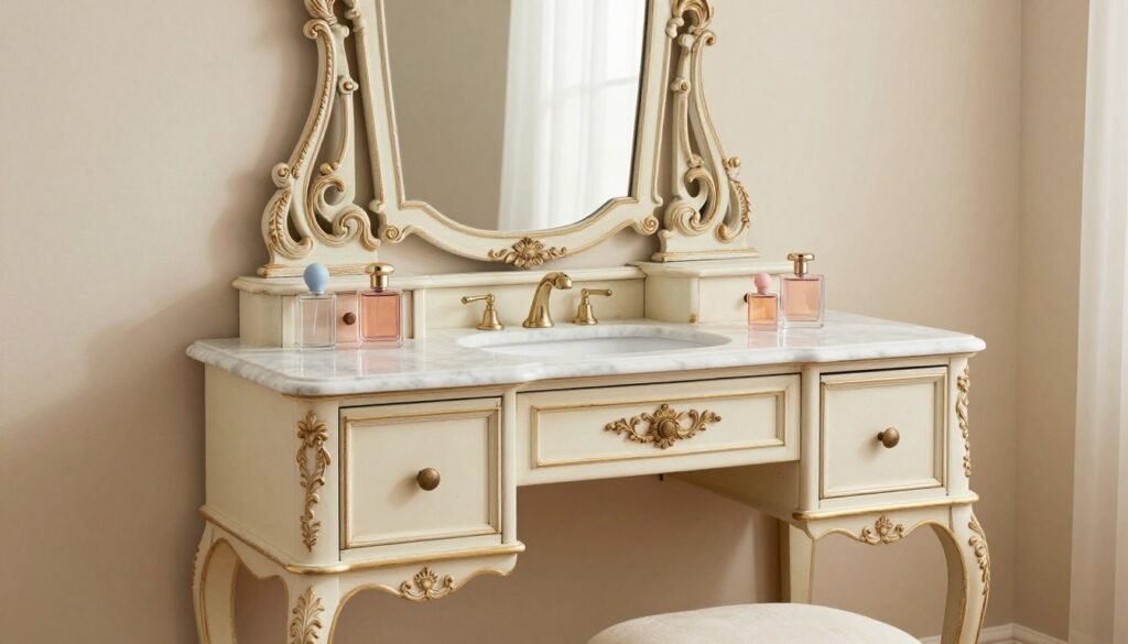 Vintage-inspired vanity with ornate details, antique mirror, and classic styling