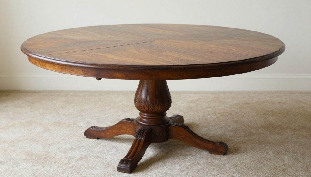 Vintage pedestal dining table with extension leaves and detailed carving