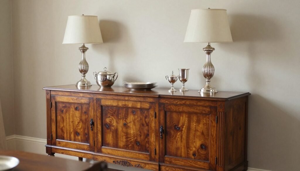Vintage sideboard styled with table lamps and serving pieces