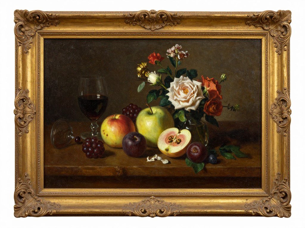 Vintage still life painting of fruit and flowers in ornate frame