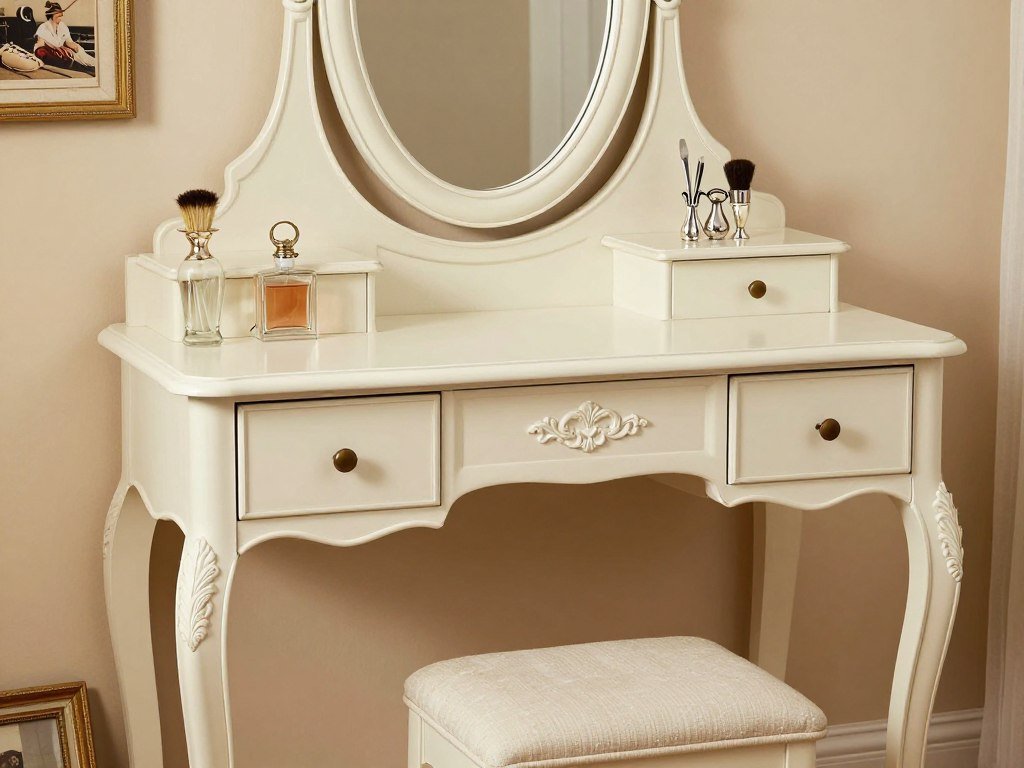 Vintage-style vanity table with ornate details and antique accessories