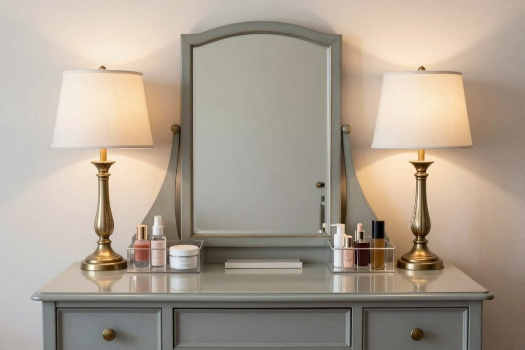 Vintage vanity styled with symmetrical arrangement showing perfect balance in vintage vanity aesthetic