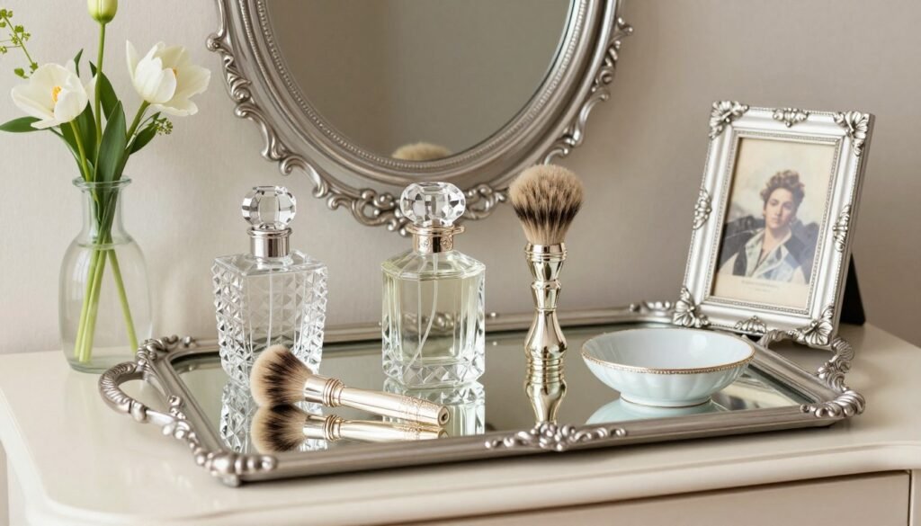 Vintage vanity top with elegant accessories including crystal perfume bottles and silver brush set displaying vintage vanity aesthetic