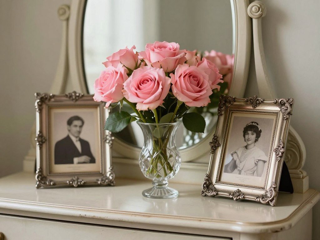 Vintage vanity with fresh flowers in a small crystal vase and framed photographs creating a personal vintage vanity aesthetic