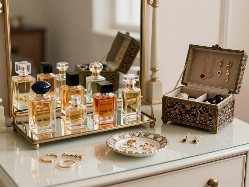 Vintage vanity with perfume display and jewelry organization showing personalized vintage vanity aesthetic