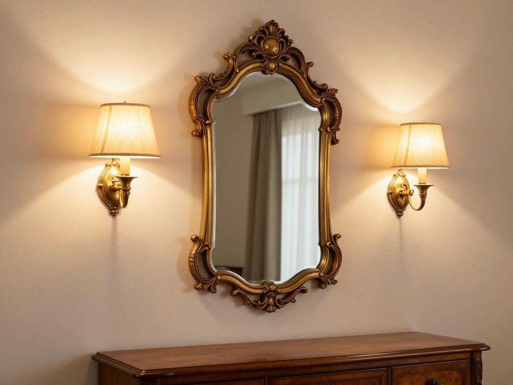 Vintage wall sconces flanking a mirror in a dining room