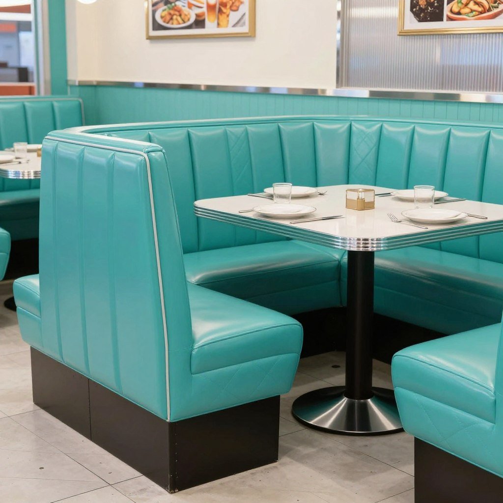 Vinyl dining banquette bench in a retro diner style with bright color