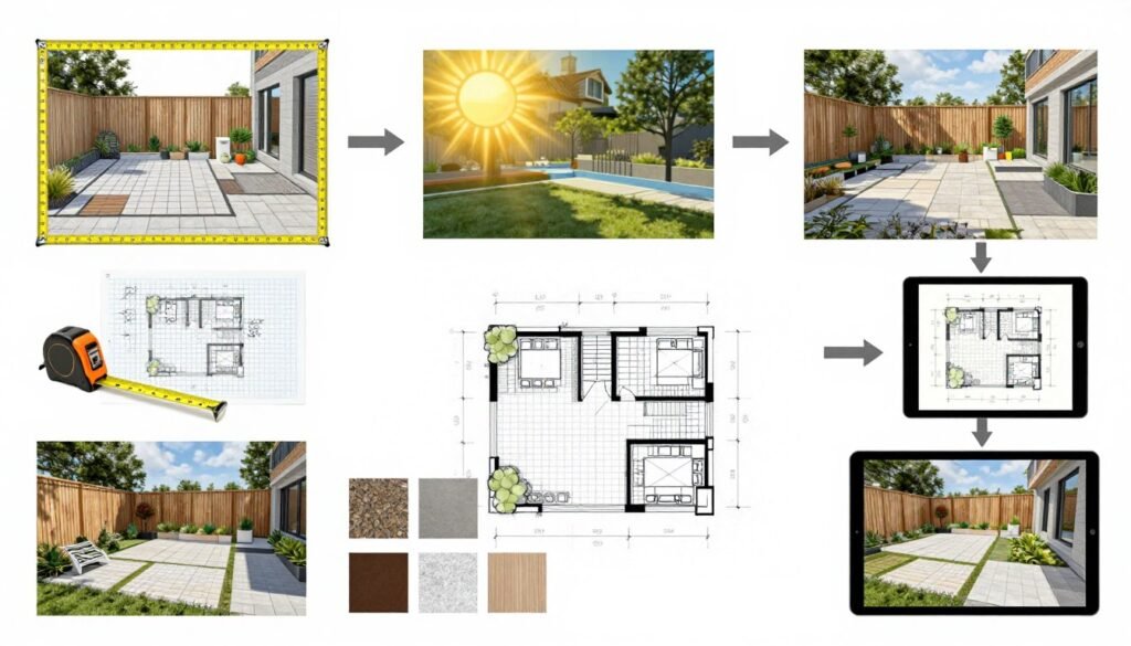 Visual representation of the patio planning process from measuring to final design