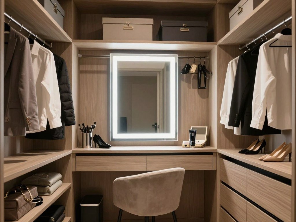 Walk-in closet with vanity mirror with lights integrated into the design