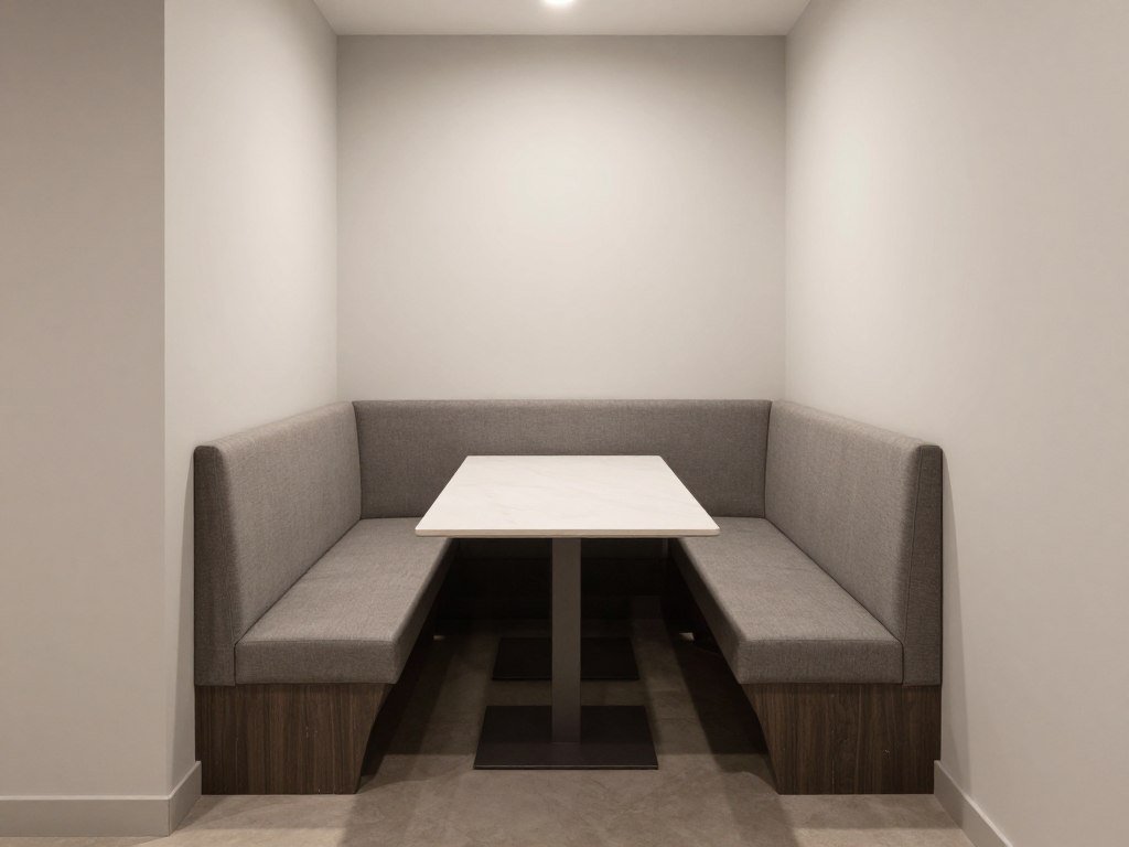 Wall-hugging dining banquette bench maximizing space in a narrow room