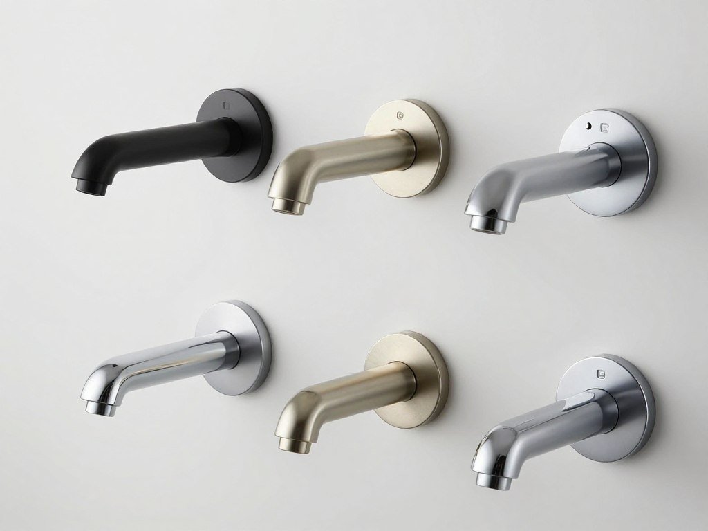 Wall-mounted bathroom faucets in various finishes