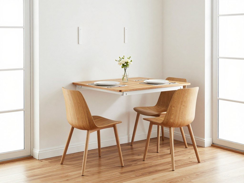 Wall-mounted drop-leaf dining table in a small apartment, shown in both folded and extended positions with compact chairs tucked underneath when not in use Wall-mounted drop-leaf dining table in a small apartment, shown in both folded and extended positions with compact chairs tucked underneath when not in use