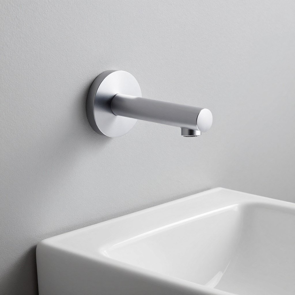 Wall-mounted faucet above a small bathroom vanity