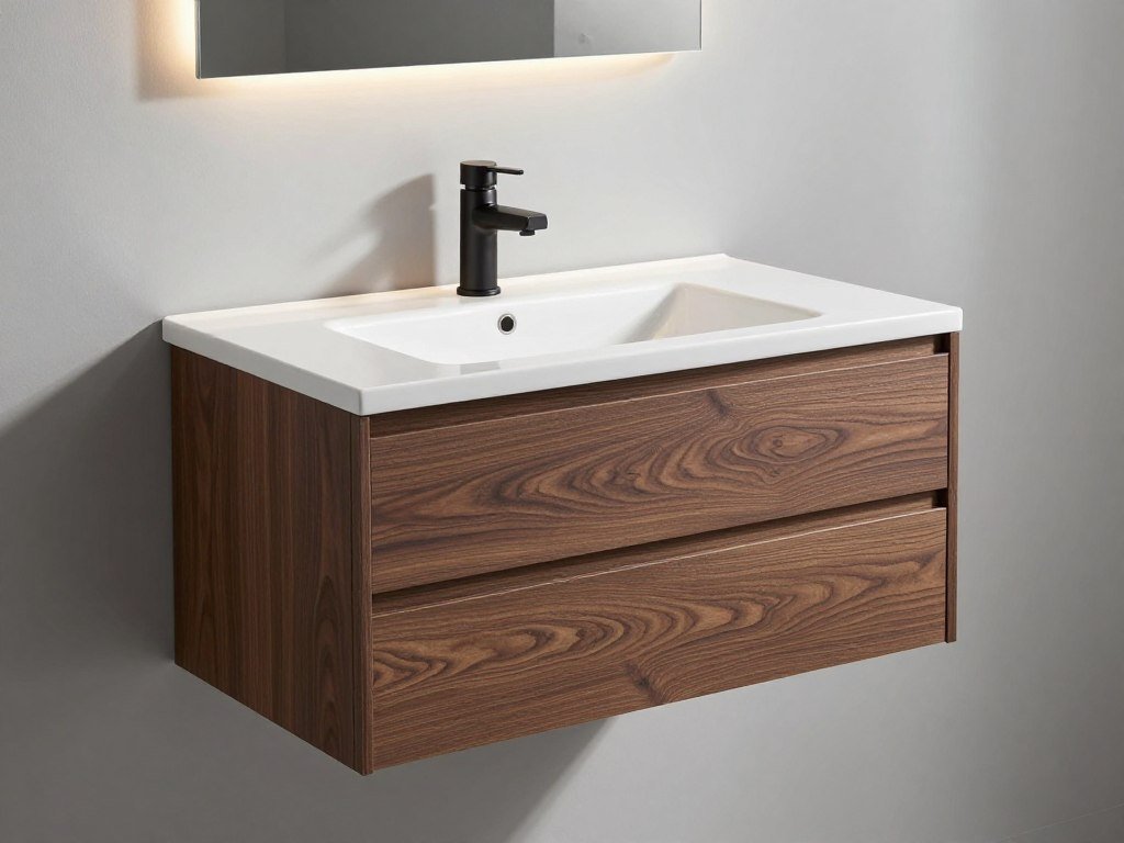 Wall-mounted floating bathroom vanity with integrated sink and hidden storage drawers