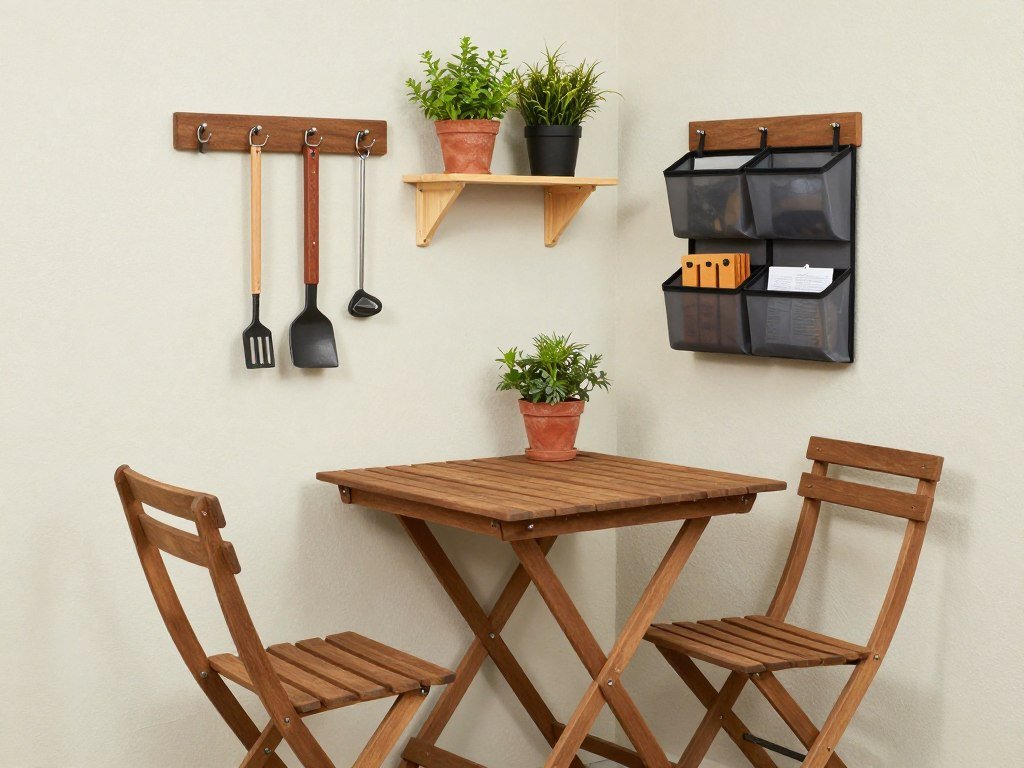 Wall-mounted fold-down table with hanging storage on a small patio