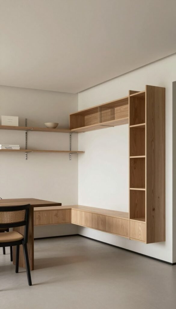 Wall-mounted storage in a small living room with dining area