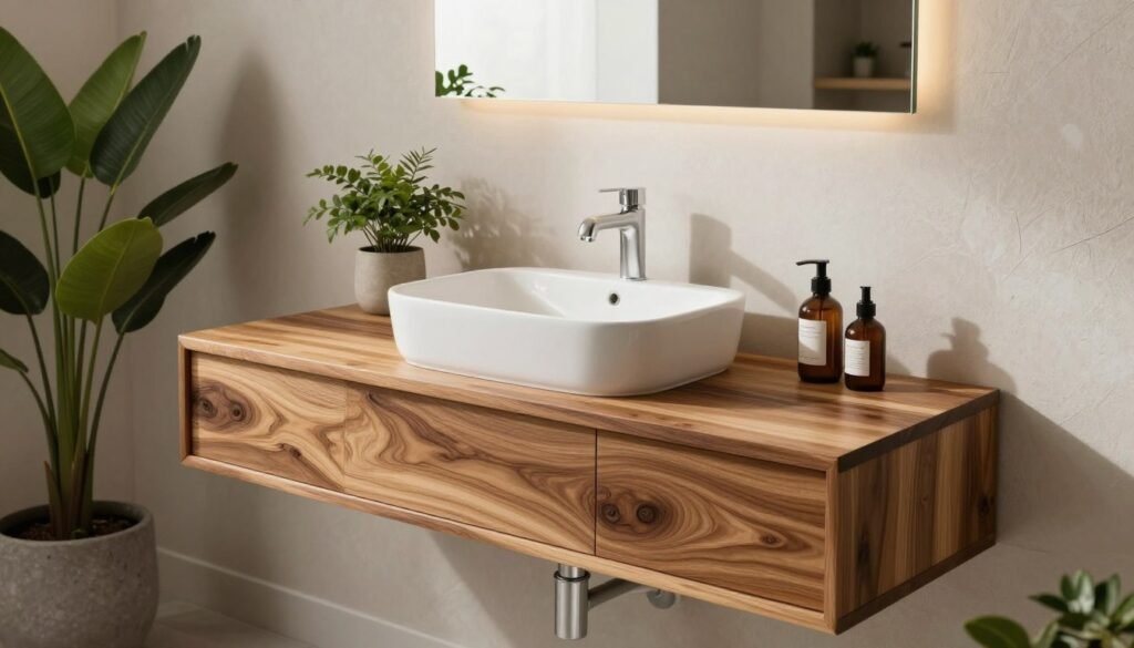 Warm wood floating vanity with natural grain patterns in a spa-like bathroom