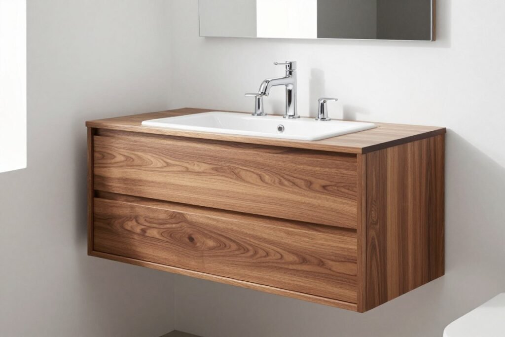 Warm wooden floating vanity bathroom creating natural atmosphere