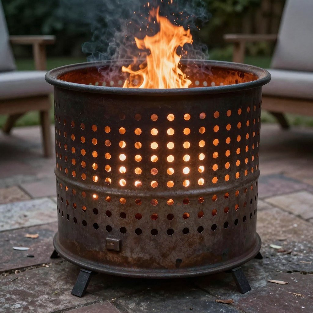 Washing machine drum repurposed as a stylish fire pit