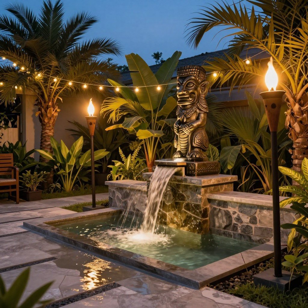 Water feature and tropical lighting creating ambiance
