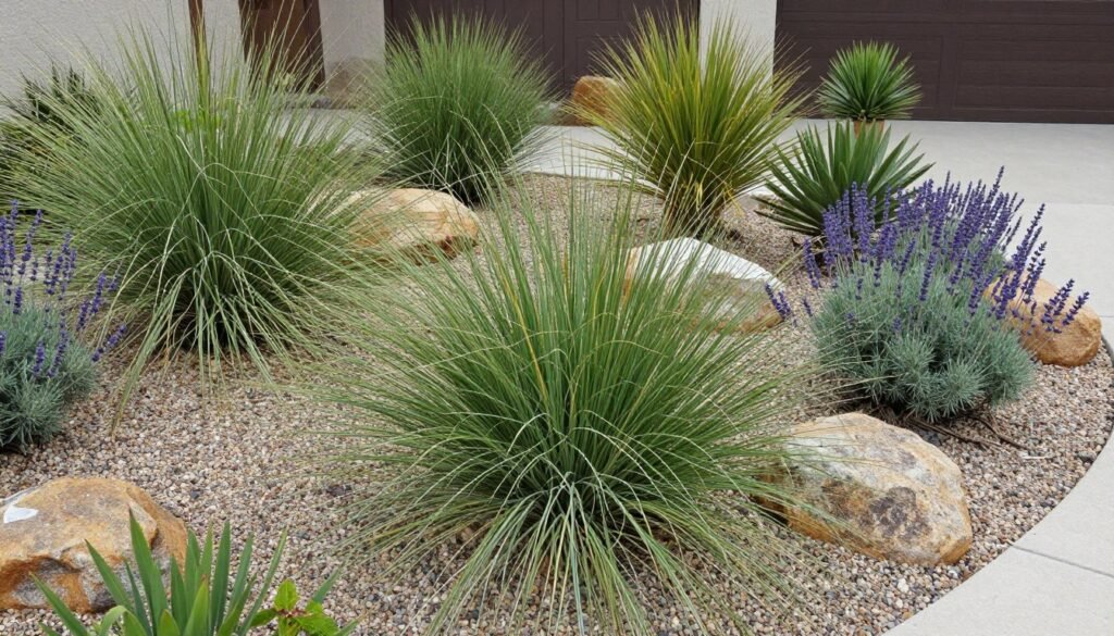 Water-wise front yard with ornamental grasses, lavender, and decorative gravel