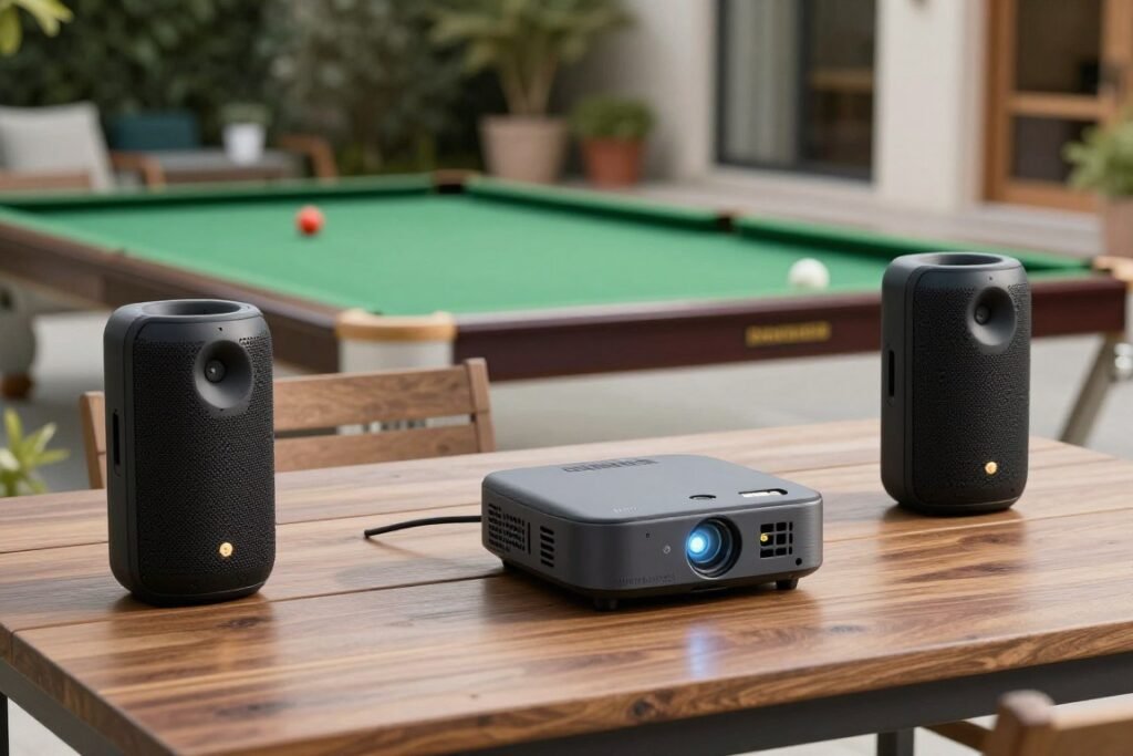 Weather-resistant outdoor speakers and entertainment options for dining areas