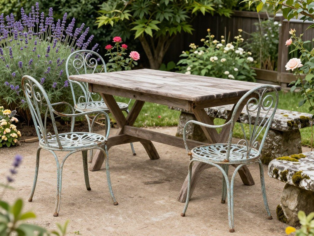 Weathered wrought iron and wooden furniture in a French country backyard setting