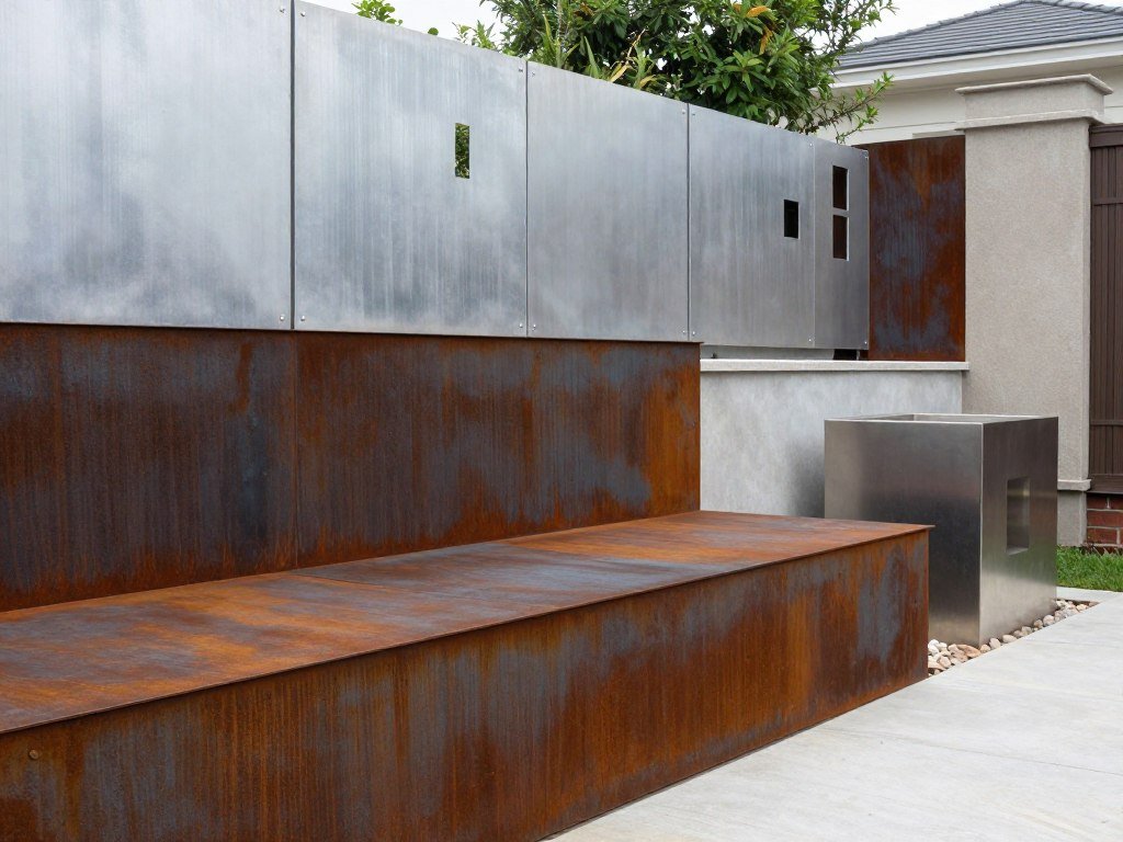 Weathering steel and aluminum elements in modern backyard landscaping